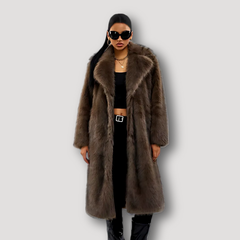 Women's Long Ash Brown Faux Fur Coat Jacket