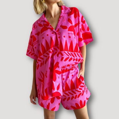 Vibrant Pink and Red Tropical Print Short and Shirt Set Women