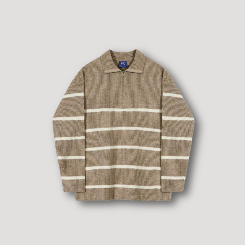 Men's Quarter Zip Ribbed Striped Knit Sweater