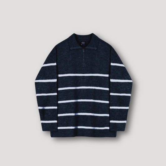 Men's Quarter Zip Ribbed Striped Knit Sweater