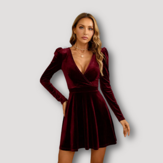 Burgundy Shiny Puff Shoulder Long Sleeve Velvet Mini Dress