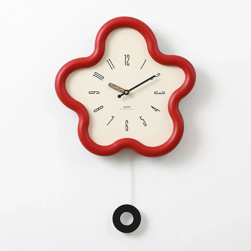 Red Floral Pendulum Clock - Wall Clock Quiet - Wooden Clock - Battery Operated