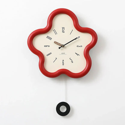 Red Floral Pendulum Clock - Wall Clock Quiet - Wooden Clock - Battery Operated
