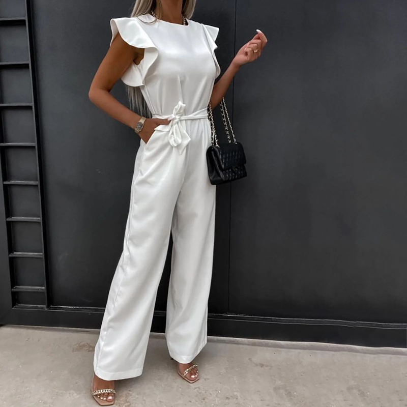 Ruffle Cap Sleeve Tie Waist Wide Leg Jumpsuit