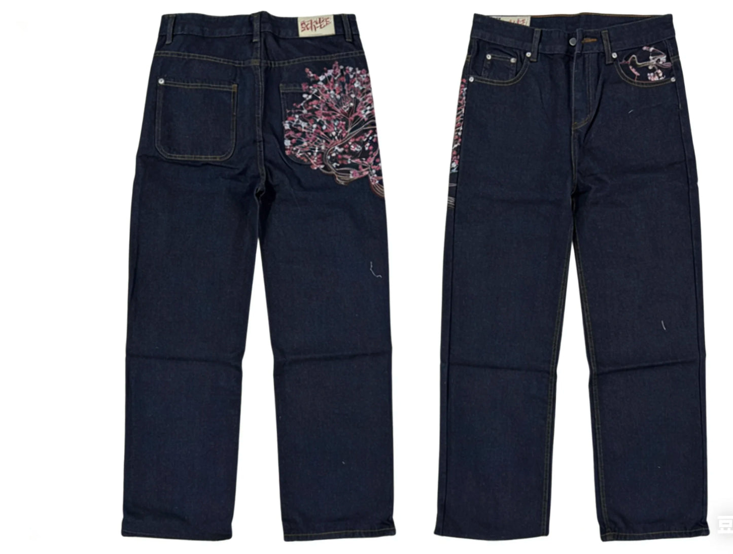 Harajuku Samurai Embroidered Oversized Jeans - High Waist - Straight Leg Pants