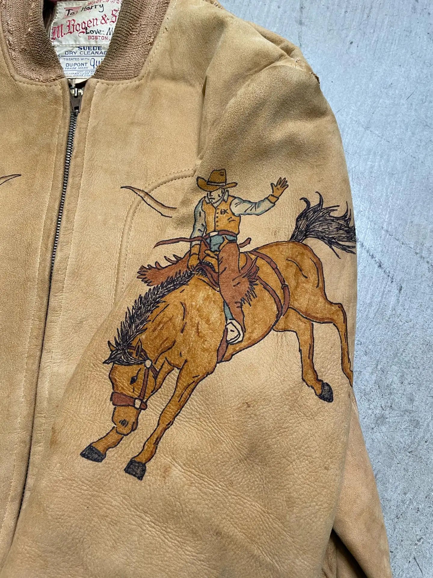 Western Suede Bomber Jacket - Vintage - Cowboy - Embroidered - Zip-Up - Beige