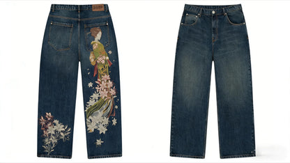 Harajuku Samurai Embroidered Oversized Jeans - High Waist - Straight Leg Pants
