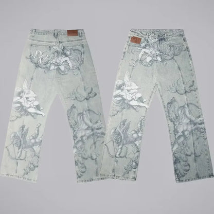 Harajuku Samurai Embroidered Oversized Jeans - High Waist - Straight Leg Pants