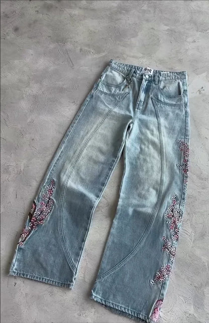 Cherry Blossom Knight Embroidered Baggy Jeans - Y2K Straight - Leg Blue Denim Pants