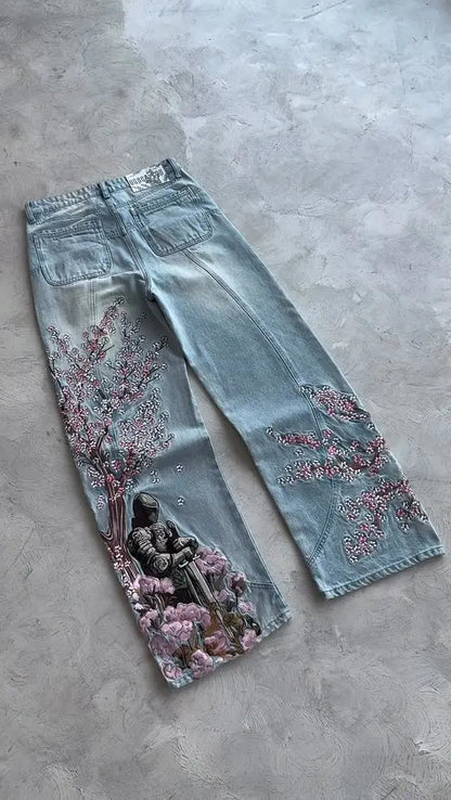 Cherry Blossom Knight Embroidered Baggy Jeans - Y2K Straight - Leg Blue Denim Pants