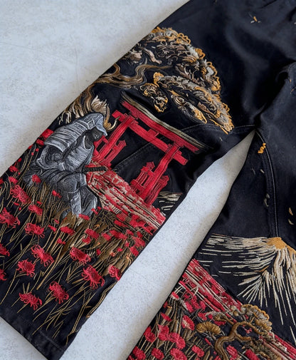 Harajuku Samurai Embroidered Oversized Jeans - High Waist - Straight Leg Pants
