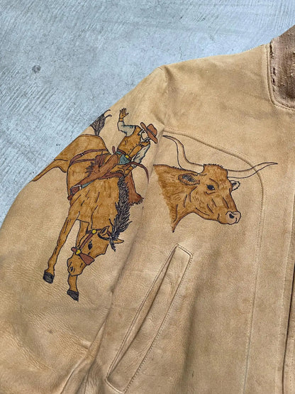 Western Suede Bomber Jacket - Vintage - Cowboy - Embroidered - Zip-Up - Beige