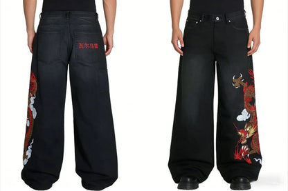 Harajuku Samurai Embroidered Oversized Jeans - High Waist - Straight Leg Pants