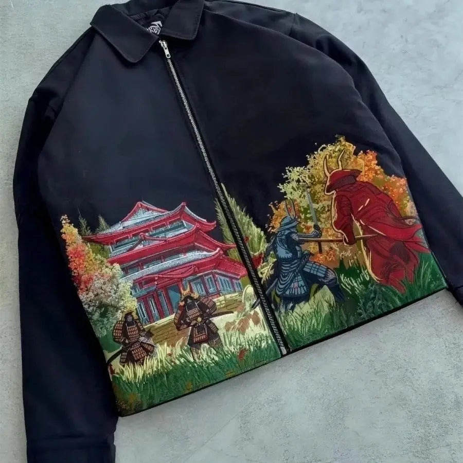 Japanese Samurai Embroidered Baseball Jacket - Vintage - Harajuku - Streetwear - Black