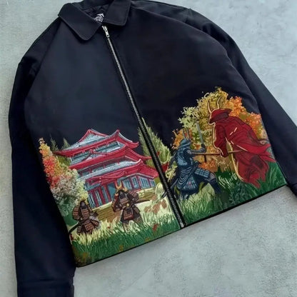 Japanese Samurai Embroidered Baseball Jacket - Vintage - Harajuku - Streetwear - Black