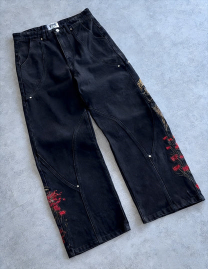 Harajuku Samurai Embroidered Oversized Jeans - High Waist - Straight Leg Pants