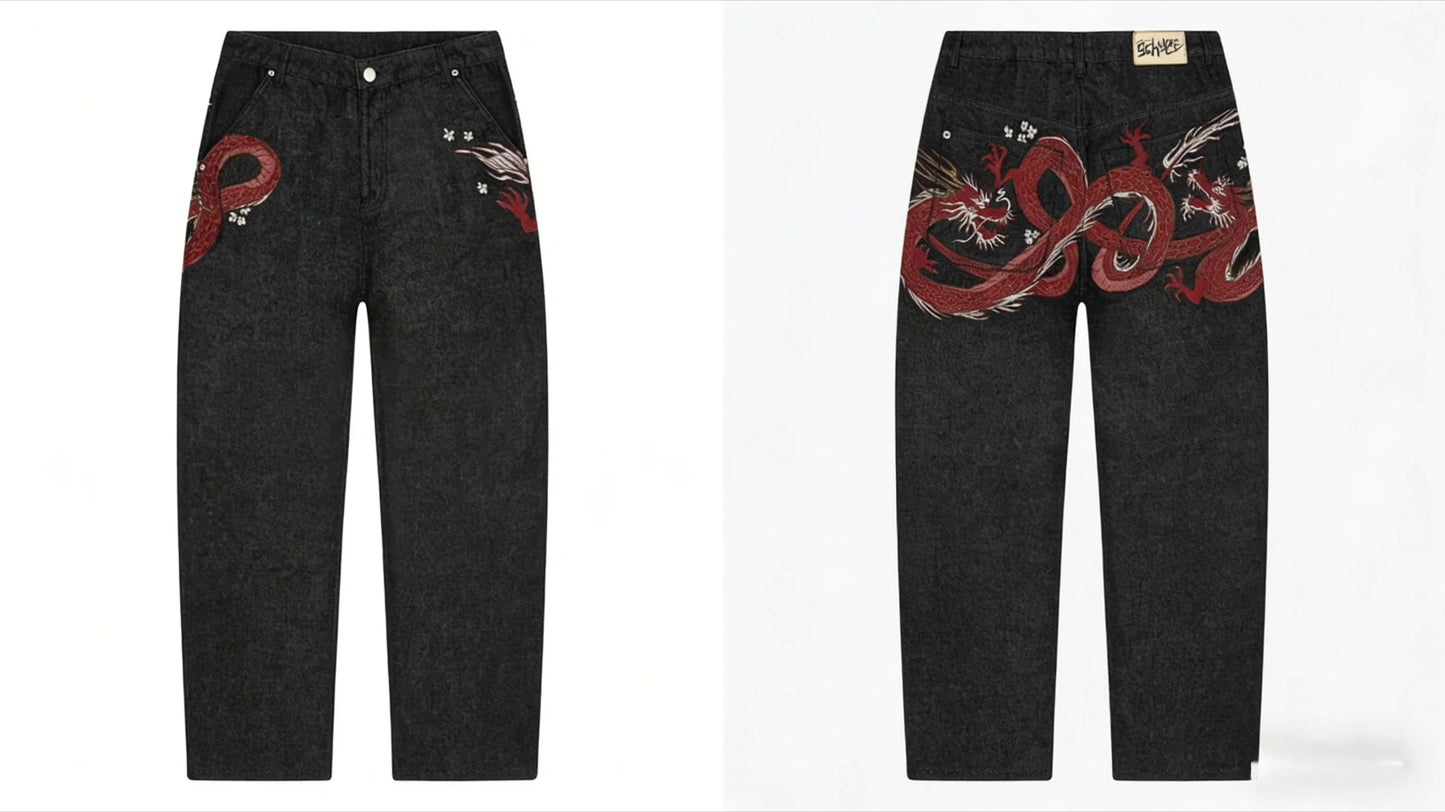 Harajuku Samurai Embroidered Oversized Jeans - High Waist - Straight Leg Pants