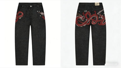 Harajuku Samurai Embroidered Oversized Jeans - High Waist - Straight Leg Pants