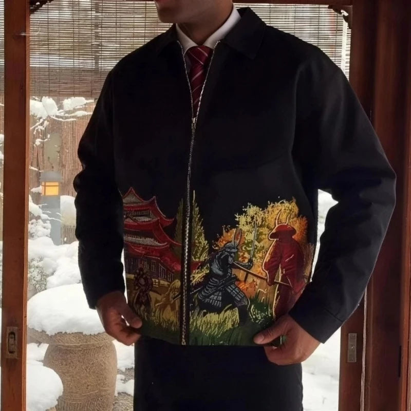 Japanese Samurai Embroidered Baseball Jacket - Vintage - Harajuku - Streetwear - Black