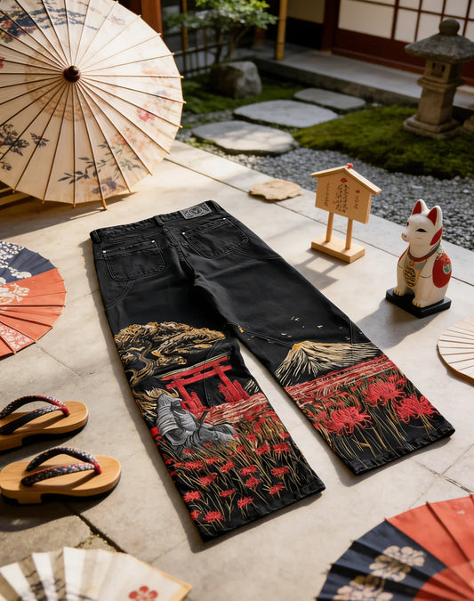 Harajuku Samurai Embroidered Oversized Jeans - High Waist - Straight Leg Pants