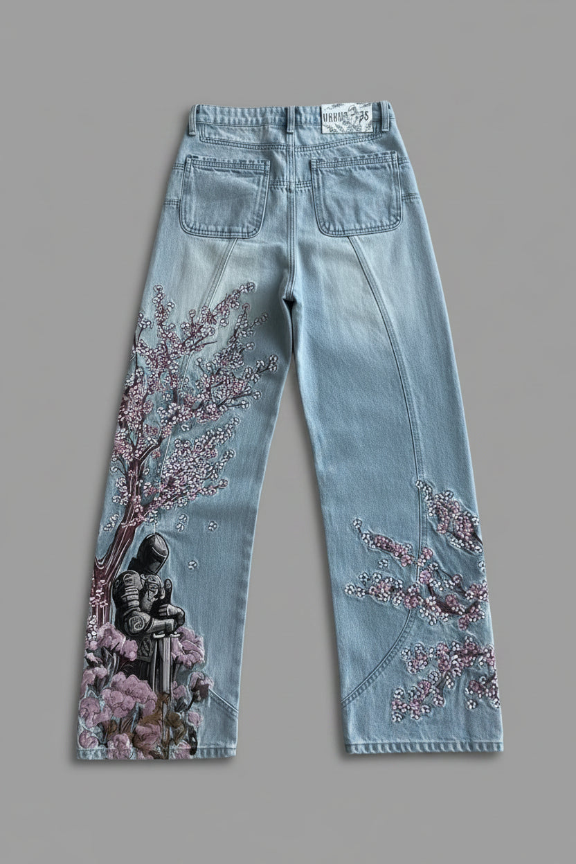 Cherry Blossom Knight Embroidered Baggy Jeans - Y2K Straight - Leg Blue Denim Pants