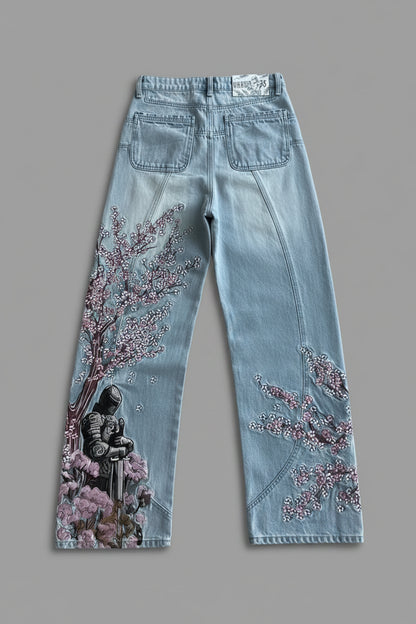 Cherry Blossom Knight Embroidered Baggy Jeans - Y2K Straight - Leg Blue Denim Pants