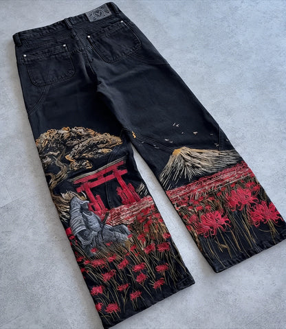 Harajuku Samurai Embroidered Oversized Jeans - High Waist - Straight Leg Pants