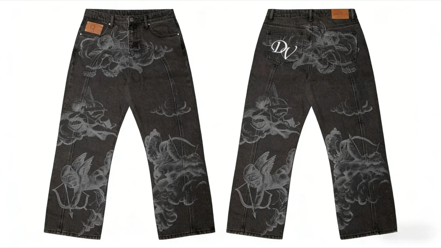 Harajuku Samurai Embroidered Oversized Jeans - High Waist - Straight Leg Pants