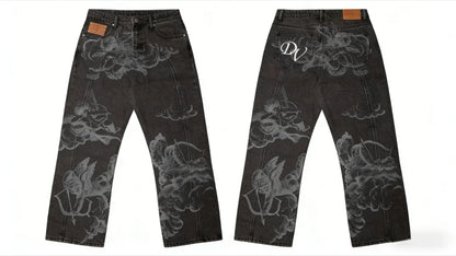 Harajuku Samurai Embroidered Oversized Jeans - High Waist - Straight Leg Pants