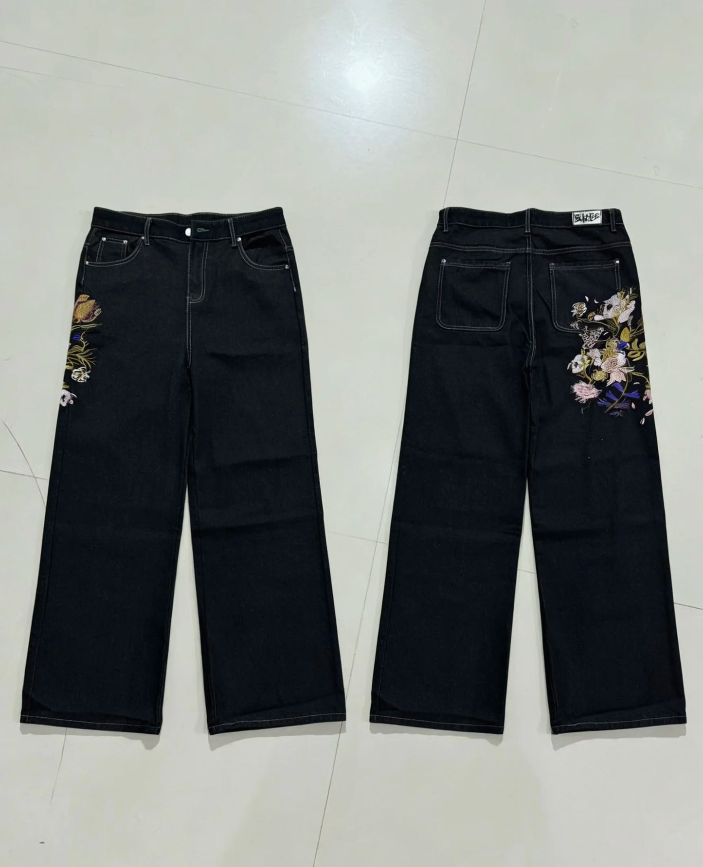 Harajuku Samurai Embroidered Oversized Jeans - High Waist - Straight Leg Pants