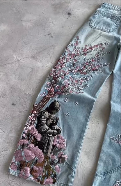 Cherry Blossom Knight Embroidered Baggy Jeans - Y2K Straight - Leg Blue Denim Pants