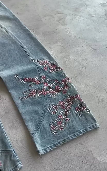 Cherry Blossom Knight Embroidered Baggy Jeans - Y2K Straight - Leg Blue Denim Pants