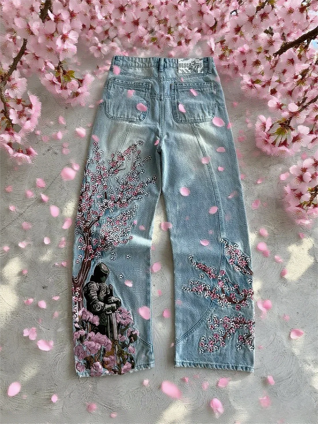 Cherry Blossom Knight Embroidered Baggy Jeans - Y2K Straight - Leg Blue Denim Pants