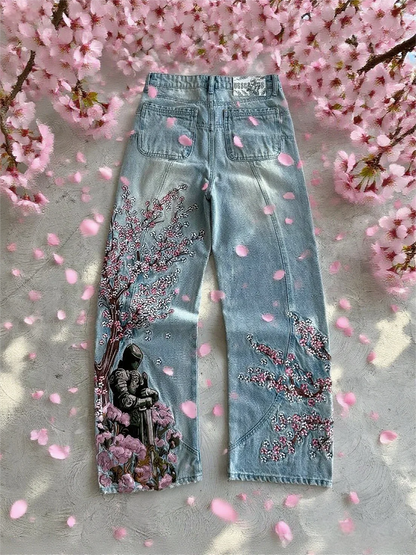 Cherry Blossom Knight Embroidered Baggy Jeans - Y2K Straight - Leg Blue Denim Pants