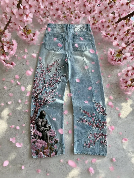 Cherry Blossom Knight Embroidered Baggy Jeans - Y2K Straight - Leg Blue Denim Pants