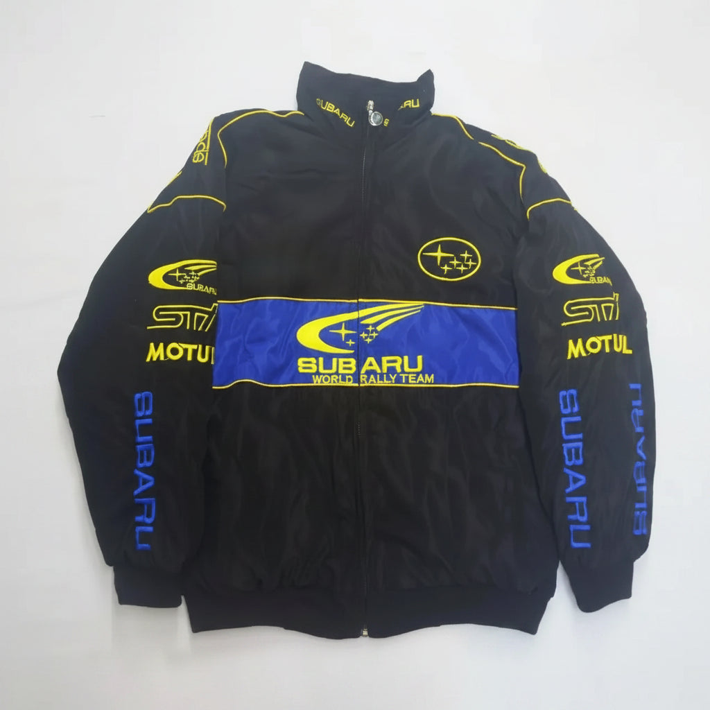 Black jacket with Subaru and Motul logos on a white background