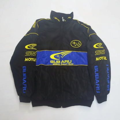 Black jacket with Subaru and Motul logos on a white background