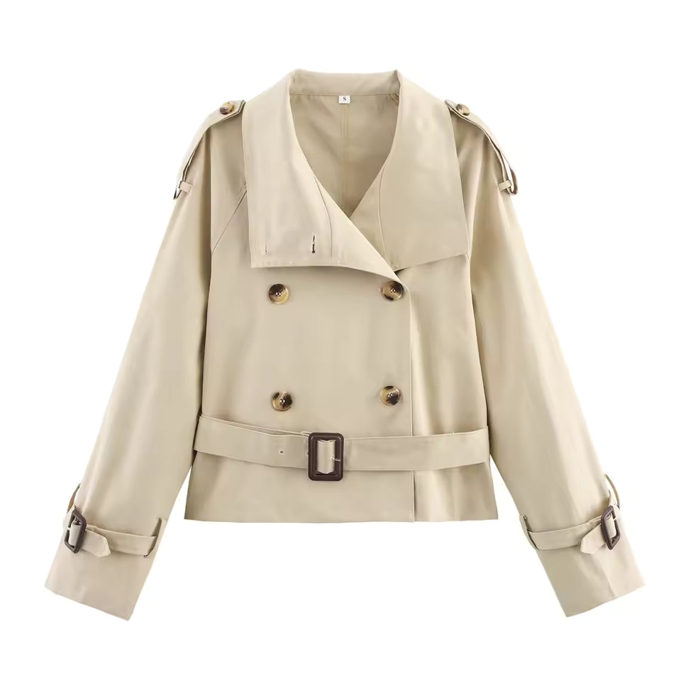 Women Khaki Trench Coat – Double Breasted Belted Jacket – Loose Fit With Pockets