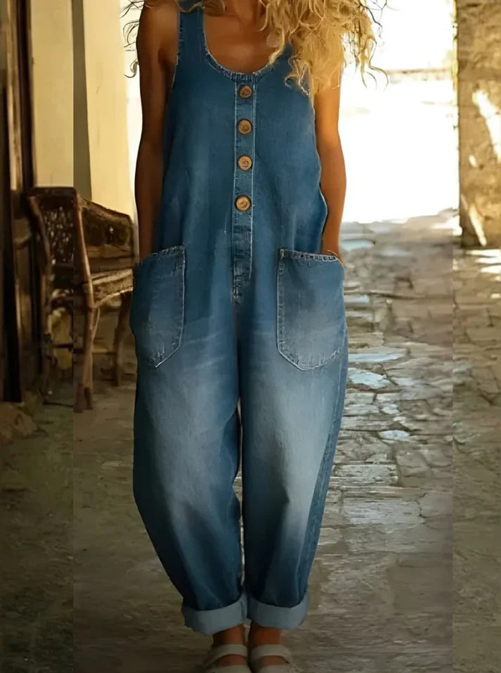 Vintage Washed Cotton Denim Overalls – Women – Relaxed Fit Wide Leg With Adjustable Straps