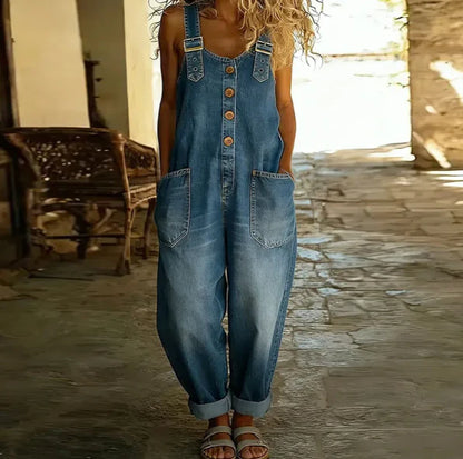 Vintage Washed Cotton Denim Overalls – Women – Relaxed Fit Wide Leg With Adjustable Straps