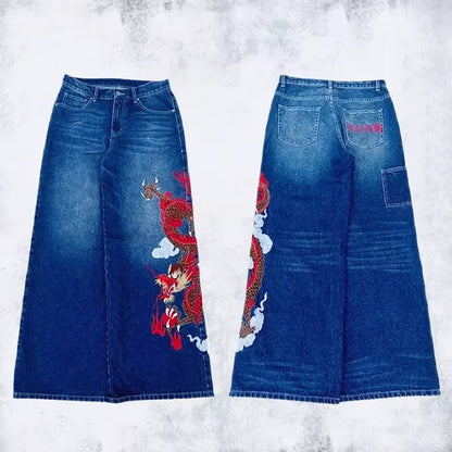 Harajuku Samurai Embroidered Oversized Jeans - High Waist - Straight Leg Pants