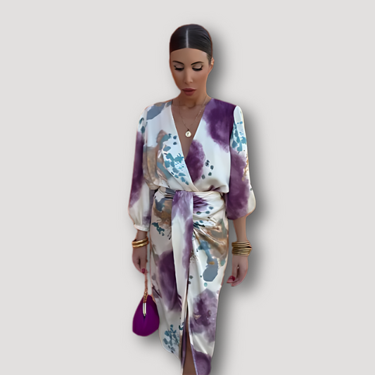 Puff Sleeve Violet Abstract Print Satin Silk Kimono Wrap Dress Australia