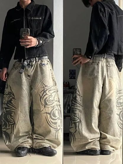 Harajuku Samurai Embroidered Oversized Jeans - High Waist - Straight Leg Pants