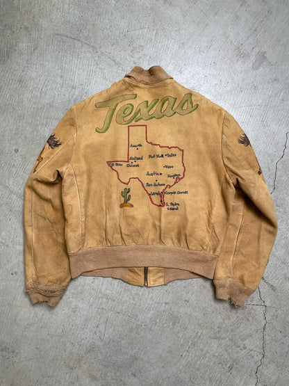 Western Suede Bomber Jacket - Vintage - Cowboy - Embroidered - Zip-Up - Beige