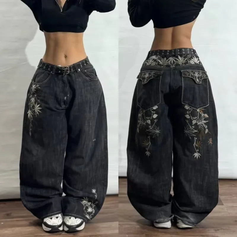 Harajuku Samurai Embroidered Oversized Jeans - High Waist - Straight Leg Pants