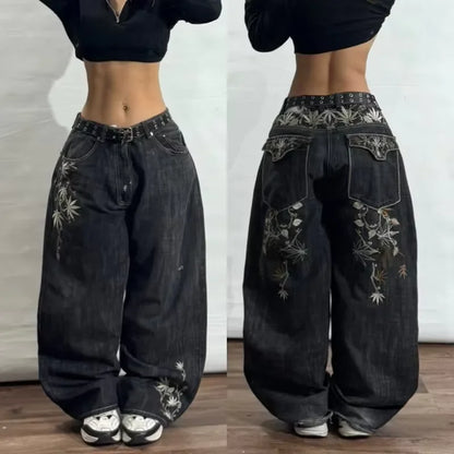 Harajuku Samurai Embroidered Oversized Jeans - High Waist - Straight Leg Pants