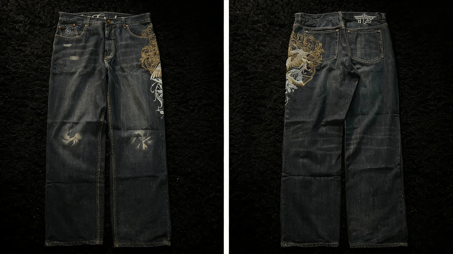 Harajuku Samurai Embroidered Oversized Jeans - High Waist - Straight Leg Pants