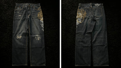 Harajuku Samurai Embroidered Oversized Jeans - High Waist - Straight Leg Pants
