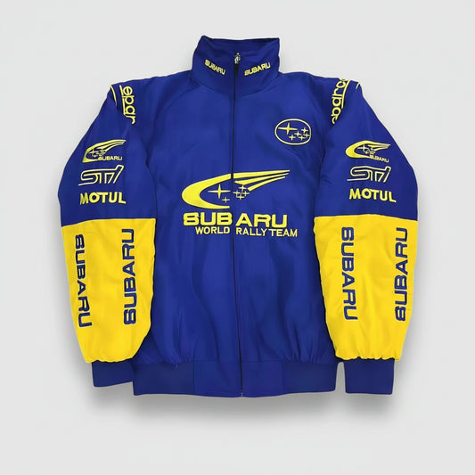Blue and yellow Subaru World Rally Team jacket with multiple logos on a white background