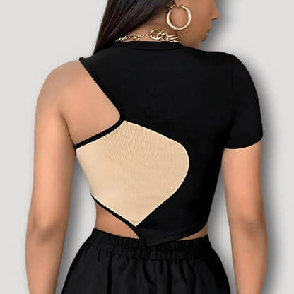 Ribbed Knit Asymmetrical Black and Beige Cut Out Cropped Top